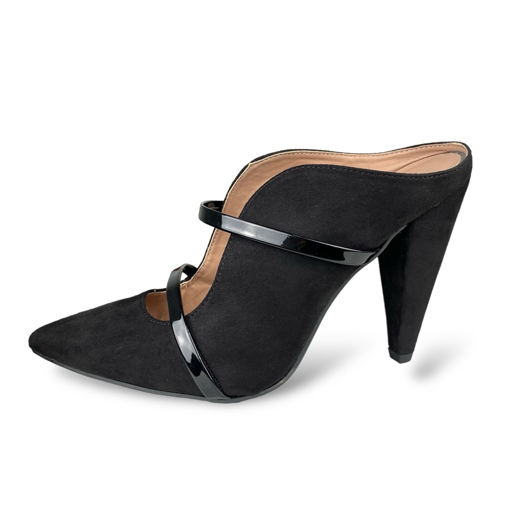 Chinese Laundry Strappy Black Pointed Toe Shayla Mule Heels Faux Suede